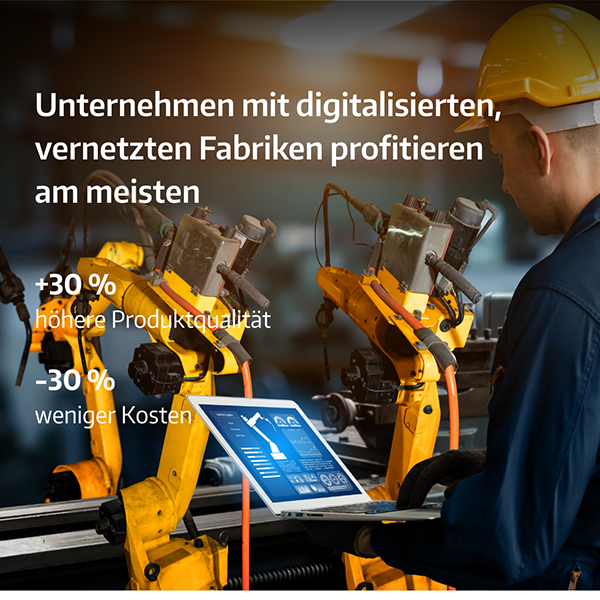 Connected Worker – Mann mit Laptop vor Maschinen