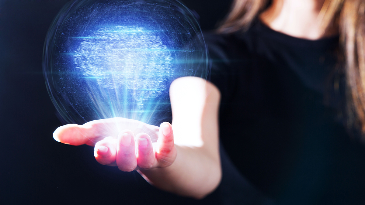 Knowledge Centered Service - Woman with outstretched hand and digital brain