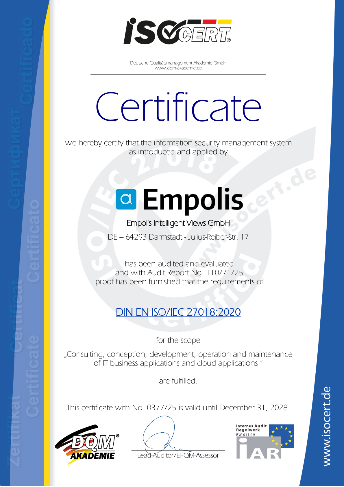 Empolis Intelligent Views_Zertifikat ISO 27018 2025 EN